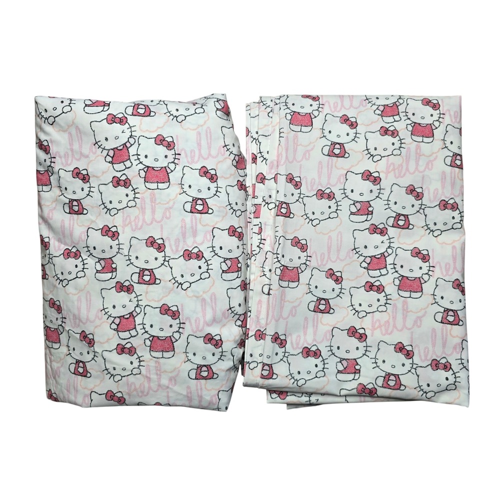Pottery Barn Teen Hello Kitty XL Twin Flat Fitted Sheets White Pink SanrioCotton